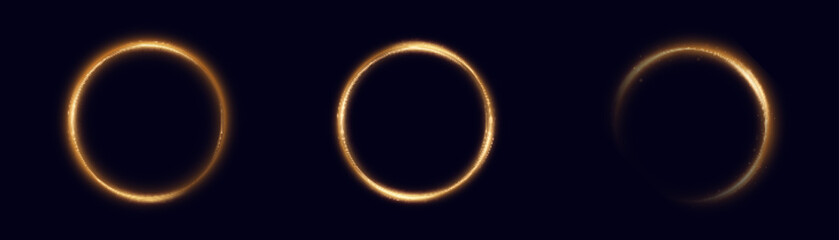 Bright gold light ring with neon effect. Round frame light effect on black background. For web design and illustrations	
