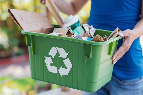 A person is holding recyclable waste as they prepare to deposit it into a green bin for ecofriendly disposal - Powered by Adobe