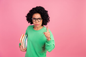 Photo of smart school teacher woman directing finger you strict blaming when you failed test...