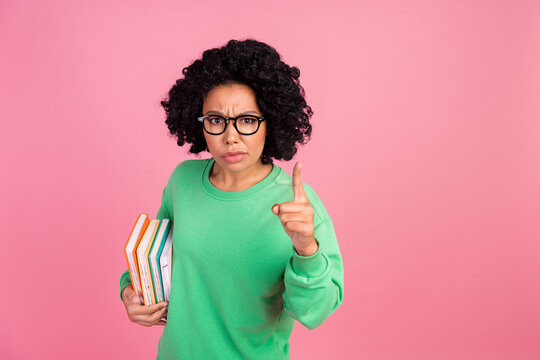 Photo of smart school teacher woman directing finger you strict blaming when you failed test isolated on pink color background - Powered by Adobe