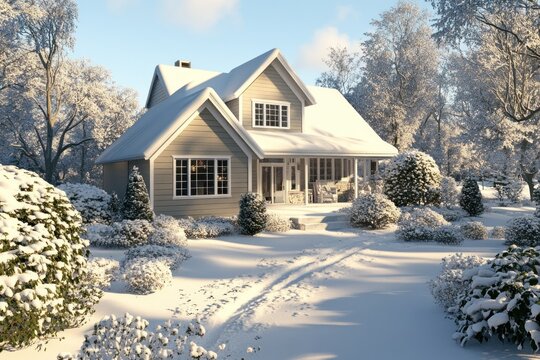A Snow-Covered House with a Porch and Surrounding Trees and Bushes