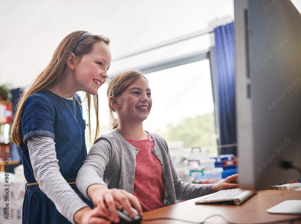 Poster computer, online and research with children in classroom for technology, future and digital library.
