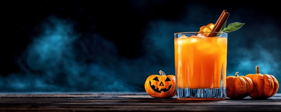 Festive Halloween cocktail with cinnamon, ice, mini pumpkin decoration, and smoky backdrop. Perfect for spooky celebrations and autumn parties.