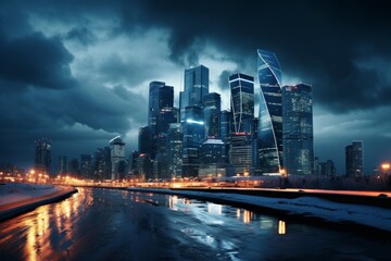 Obraz premium A breathtaking megalopolis adorned with impressive skyscrapers and modern urban architecture.