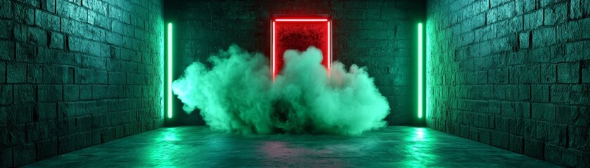 Futuristic neon light frame with green smoke in a dark brick room. Sci-fi background for technology, cyberpunk, or virtual reality themes.