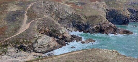 Panorama depuis le sentier côtier vers Locmaria, Belle-Île-En-Mer, Bretagne, France
