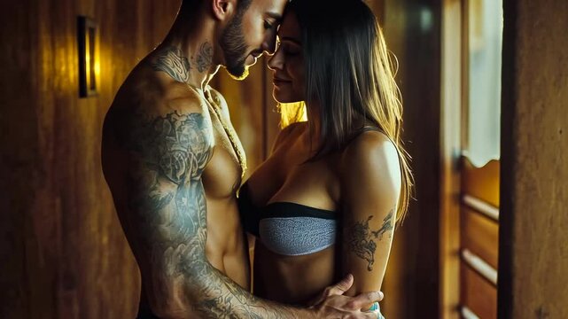 A shirtless caucasian man with tattoos embraces a woman in her underwear, both appearing intimate and connected. The scene is dimly lit, suggesting a warm, private moment. The setting seems cozy and