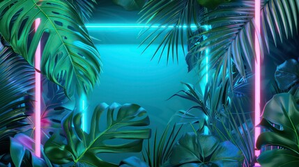 Tropical leaves illuminated with neon light against a purple background.