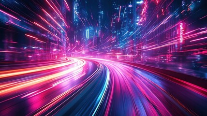 Neon City Speed A vibrant, futuristic road in a neon-lit city, with streaks of light racing through the scene, capturing the essence of speed and advanced technology