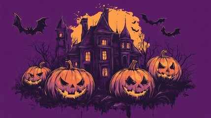 Fototapeta premium Halloween pumpkins and haunted house.