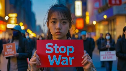 A young Asian woman stands on a bustling street at dusk, holding a red "Stop War" sign. The scene is filled with blurred passersby and bright lights, creating a somber yet hopeful mood.