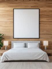 Minimalist bedroom with a blank canvas above the bed.