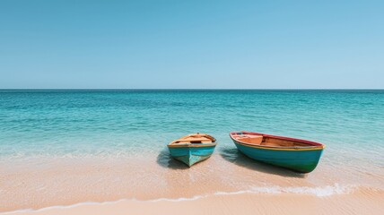 Naklejka premium Two colorful boats resting on a sandy beach with clear turquoise water and a bright blue sky, perfect for a serene getaway.