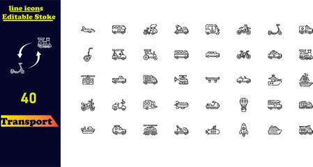 Transportation stroke icon set, featuring icons for cars, bicycles, airplanes, trains, motorcycles, buses, and scooters.