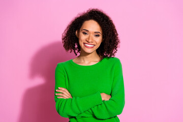 Fototapeta premium Photo of adorable positive cute woman wear green stylish clothes isolated on pink color background