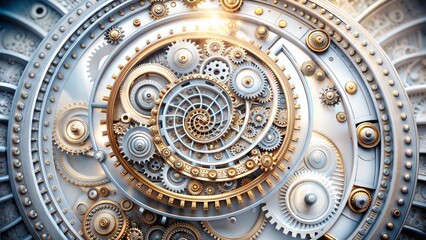 Obraz premium Intricate spiral of golden and silver gears, abstract mechanical time loop design