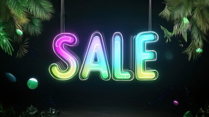 Stylish neon "SALE" sign in bright green and purple lights hanging in a sleek
