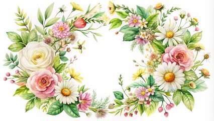 Obraz premium A beautiful floral wreath featuring vibrant roses, daisies, and greenery, perfect for invitations or decorative art.