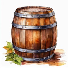 Obraz premium Watercolor illustration of wooden Beer Barrel for Octoberfest. Hand drawn sketch for October fest on white isolated background. Storage of ale or wine