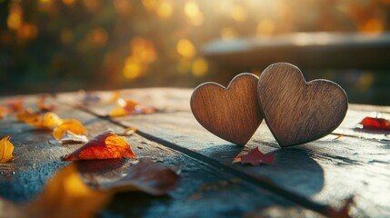Fototapeta premium Serene Autumn Leaves with Two Heart-Shaped Coasters