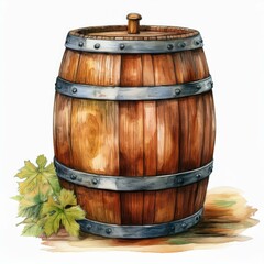 Obraz premium Watercolor illustration of wooden Beer Barrel for Octoberfest. Hand drawn sketch for October fest on white isolated background. Storage of ale or wine
