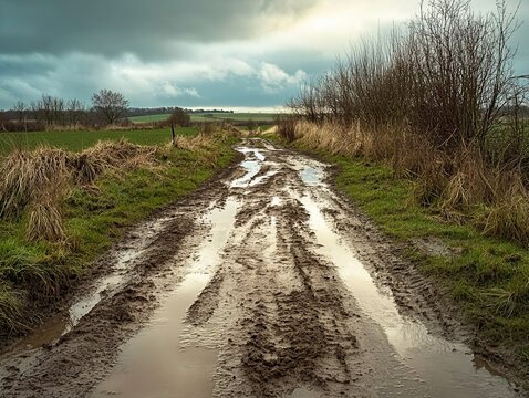 Captivating Image of a Muddy Field Road with Reflective Puddles After Rain, Ideal for Rural Scenery, Landscape Photography, and Environmental Studies Focusing on Water Accumulation