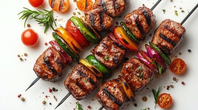 Grilled vegetable skewer, grilled meat with vegetable on a grill.