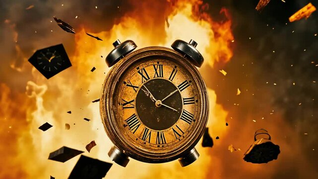 An antique clock is surrounded by flames and debris as it explodes. The clock, with Roman numerals, indicates a dramatic and intense moment. Sparks and fragments fill the air, creating a chaotic
