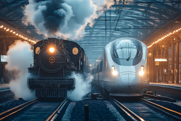 A classic steam locomotive puffs smoke as it chugs along tracks next to a futuristic electric bullet train gliding silently on a maglev track, Old vs new, Old and new