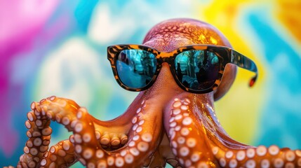 A close-up image of a cool octopus wearing sunglasses.