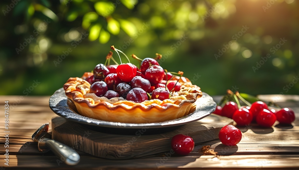 Sticker homemade cherry pie on a wooden table in a sunny garden, celebrating summer treats and outdoor picni