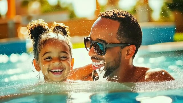 An African-American father and his young daughter share a joyful moment in the pool on a sunny day. Both smile widely, with the girl wearing pigtails and the father donning sunglasses, creating a