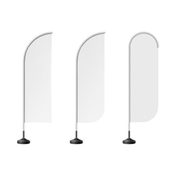 Realistic beach flags, white banner stand isolated 3d vector mockup. textile waving advertisement banner flags.