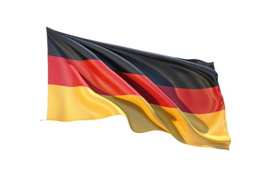 German flag, full-body portrait, centered isolation against a white background, stock photography, high-resolution, 8K, ultra clear, pure white void surroundings, flag billowing gently