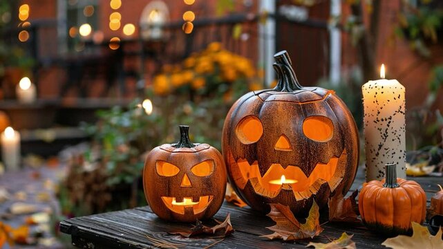 Two pumpkins with spooky faces glow warmly in an outdoor setting, surrounded by colorful leaves and candlelight as the Halloween celebration begins.
