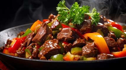 Juicy, appetizing, tender beef steak fries with bell pepper.