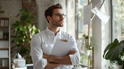 Business owner practicing a positive mindset while planning new strategies, working confidently in a light-filled office