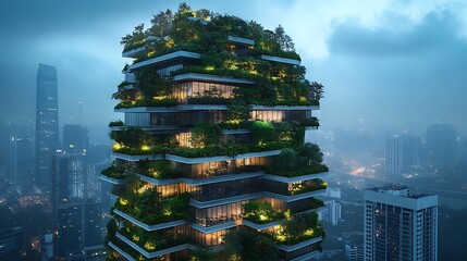 Modern eco-friendly building with vertical gardens, combining nature and contemporary design for a sustainable future.