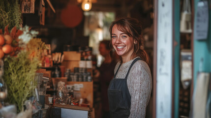 Smiling local shop owner greeting customers at the entrance of their quaint shop, filled with unique products and local charm