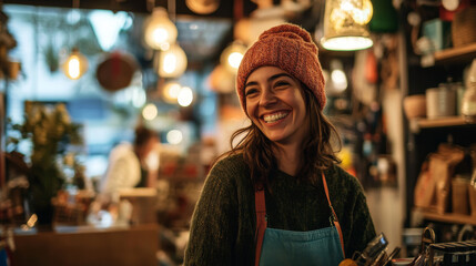 Fototapeta premium Cheerful local shop owner assisting customers with a bright smile, surrounded by one-of-a-kind goods and cozy lighting