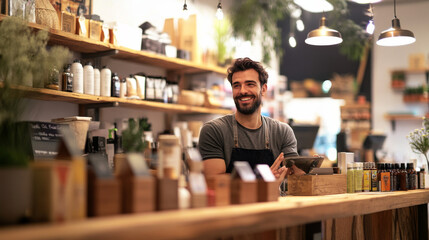 Proud local shop owner standing behind the counter of a well-organized shop, interacting with customers in a friendly, positive way
