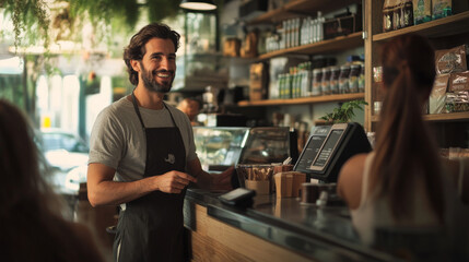 Obraz premium Proud local shop owner standing behind the counter of a well-organized shop, interacting with customers in a friendly, positive way