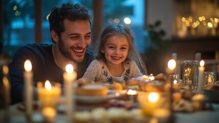 A joyful family shares a delightful dinner, filled with laughter and warm candlelight