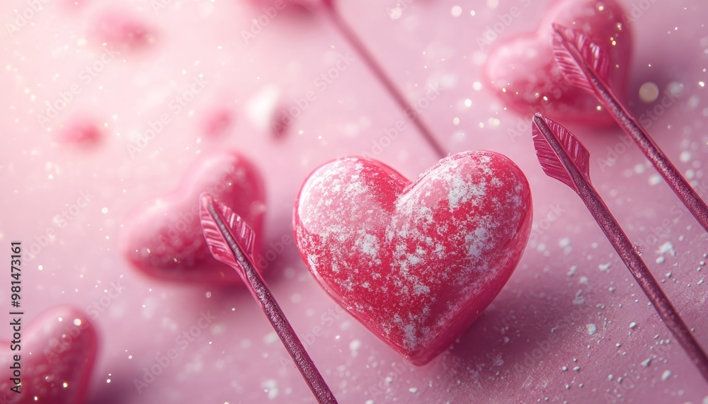 Wall mural Pink heart with arrows and glitter on a pink background.