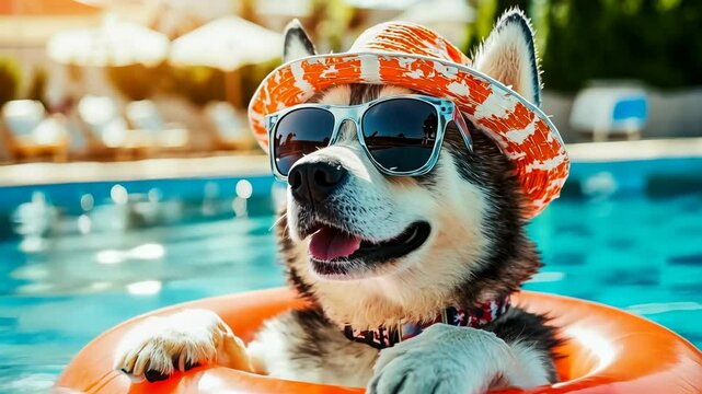 A Siberian Husky, wearing sunglasses and a sun hat, lounges on an inflatable pool float during a sunny day. The playful dog looks relaxed and happy. The background features a clear blue pool, evoking