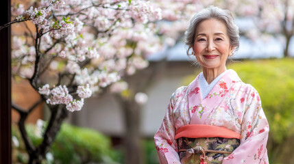 Older woman in traditional Japanese kimono, smiling serenely in a peaceful Japanese garden with cherry blossoms