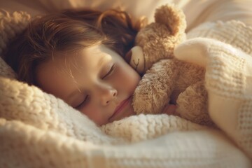 A young child peacefully sleeps in a cozy bed, cuddling a teddy bear, surrounded by soft blankets during a quiet afternoon