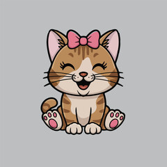 A vector illustration of a happy cat with a pink bow on its head. The cat is sitting and has its paws out.
