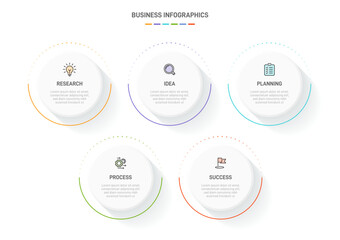 5 clean infographic design shaped elements template, symbolizing the five stages of business strategy and progression. Progress bar or timeline. Vector for presentation, web site or app.