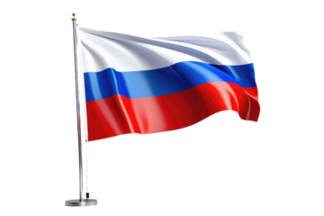 Russian flag, full body centered, isolated against a stark white background, high-resolution stock photograph, crisp edges, subject stands out, vibrant red, striking contrast